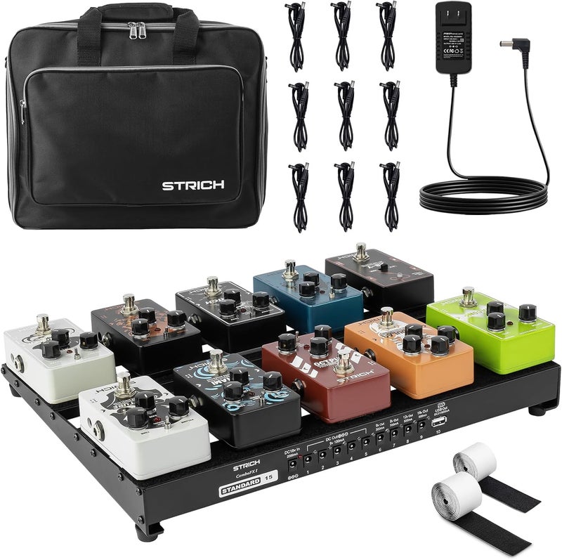 STRICH Guitar Pedal Board with Built-in Power Supply, Pedal Board 15 x 11" 2.17LB Lightweight Aluminum Alloy, PedalBoard with Pedal Cables, Bag, Hook Loop Strips PB-S15 - Image 1